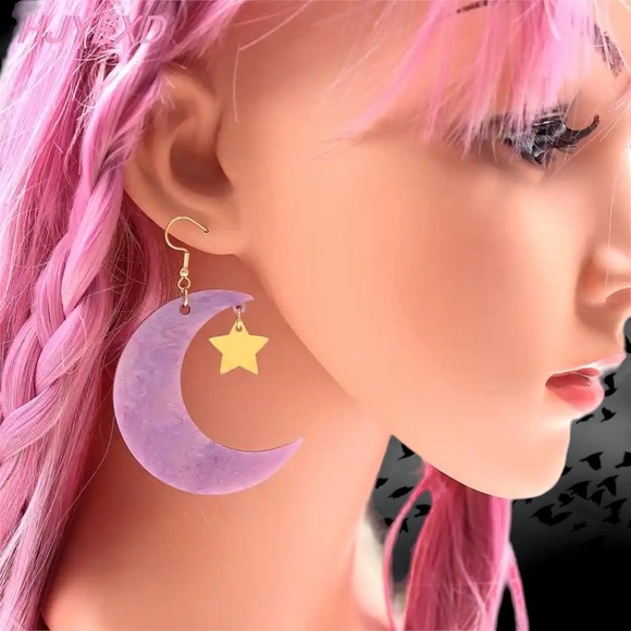 Witchy Moon Black Cat Star Acrylic Glitter Earrings - Picture 7 of 8